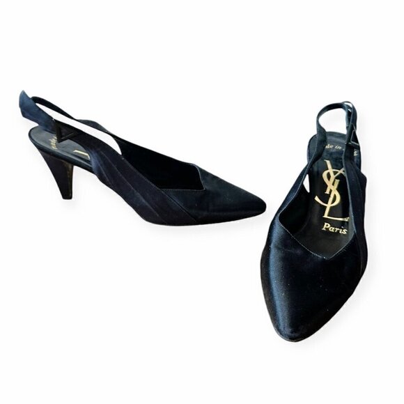 Yves Saint Laurent Vintage 80s Black Satin Slingback Pumps, Size 7 1/2 - Picture 14 of 16